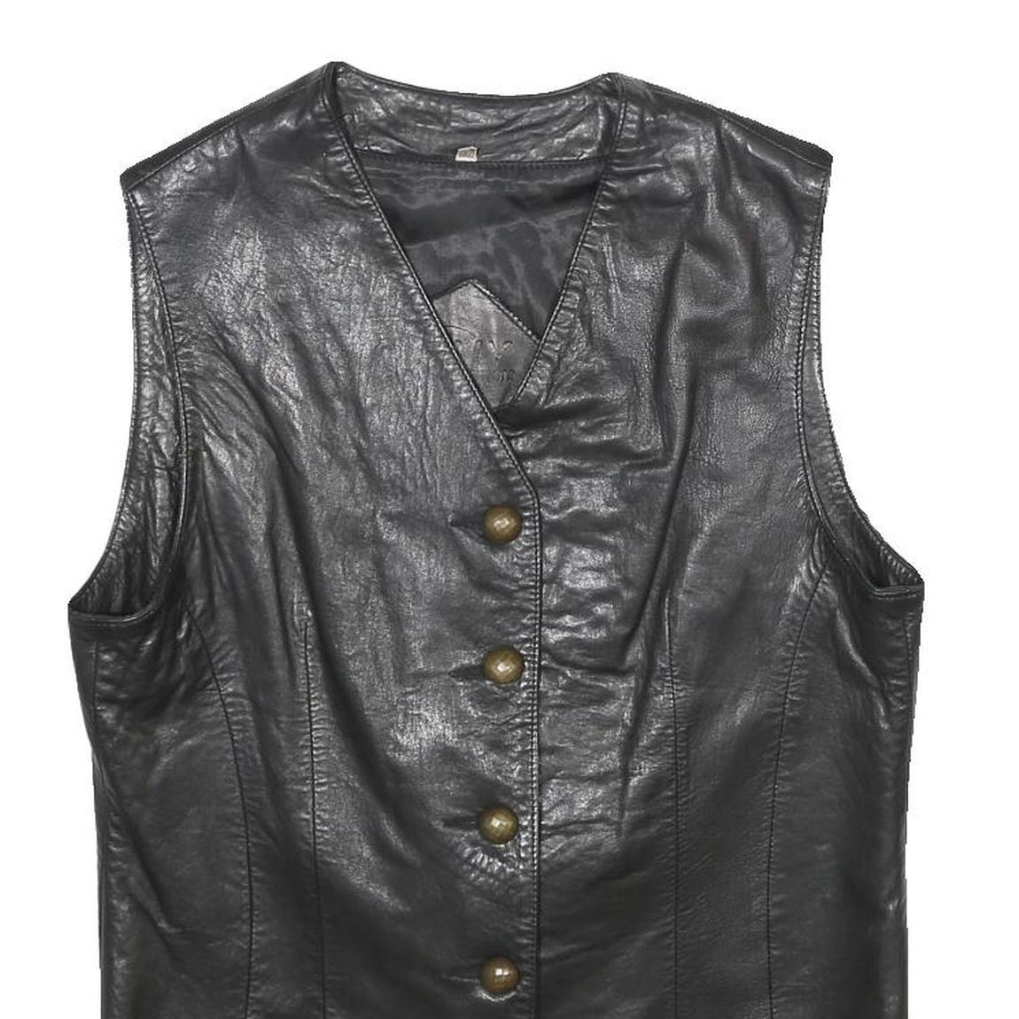 KELLY CONNECTION Womens Black Leather Button Jacket UK 12 Classic Sleeveless