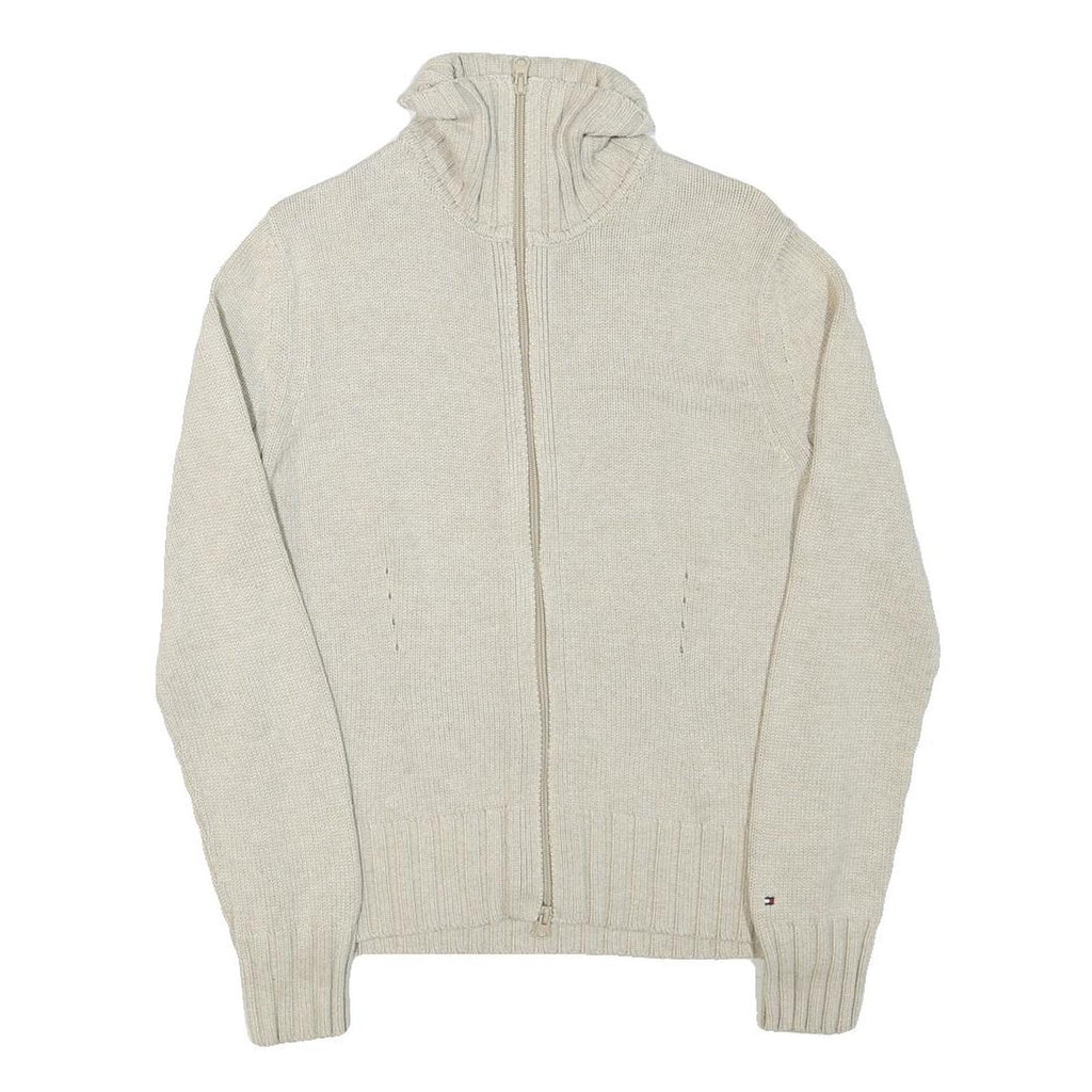 TOMMY HILFIGER Womens Cream Plain Cotton Blend Pullover Jumper L Zippered Rib