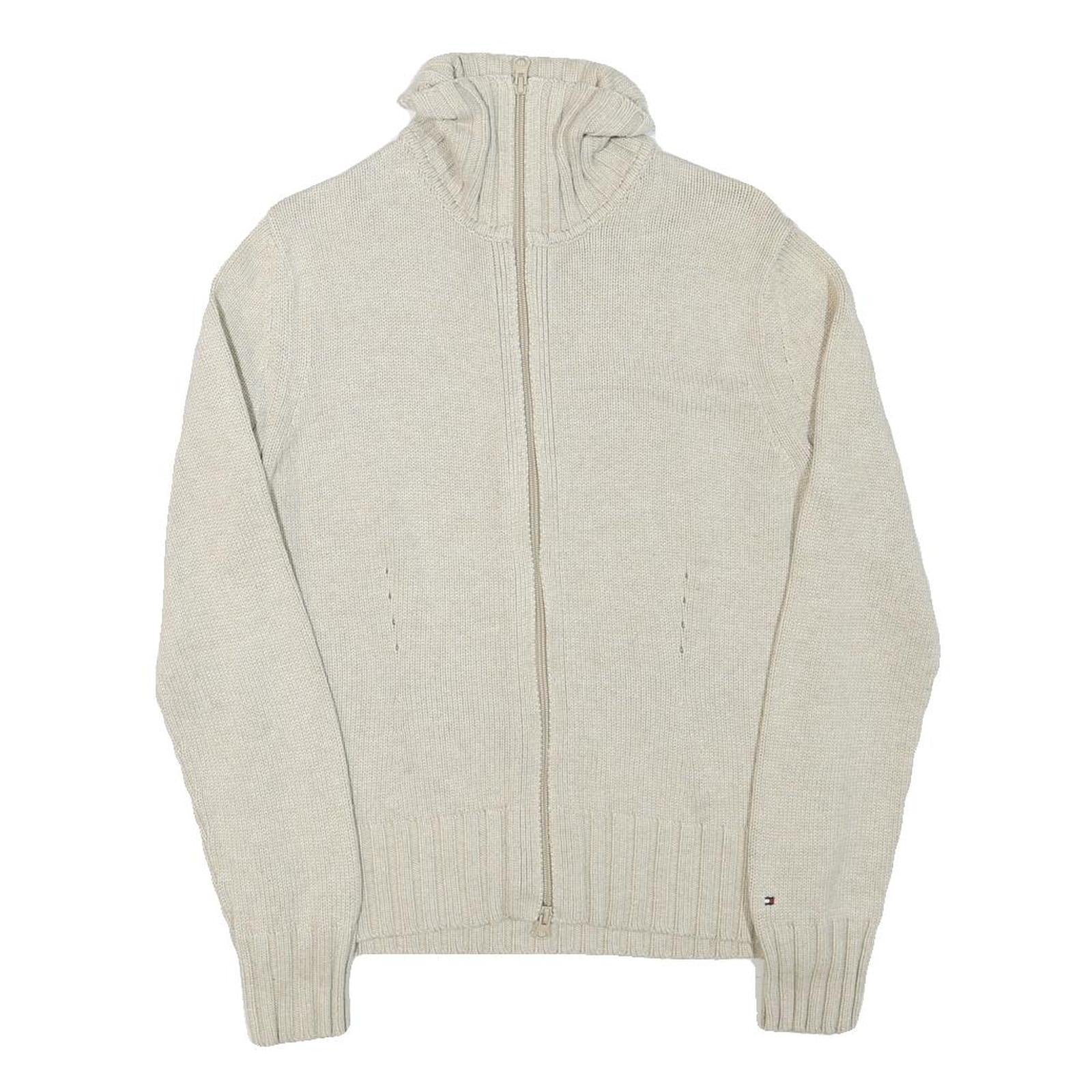 TOMMY HILFIGER Womens Cream Plain Cotton Blend Pullover Jumper L Zippered Rib