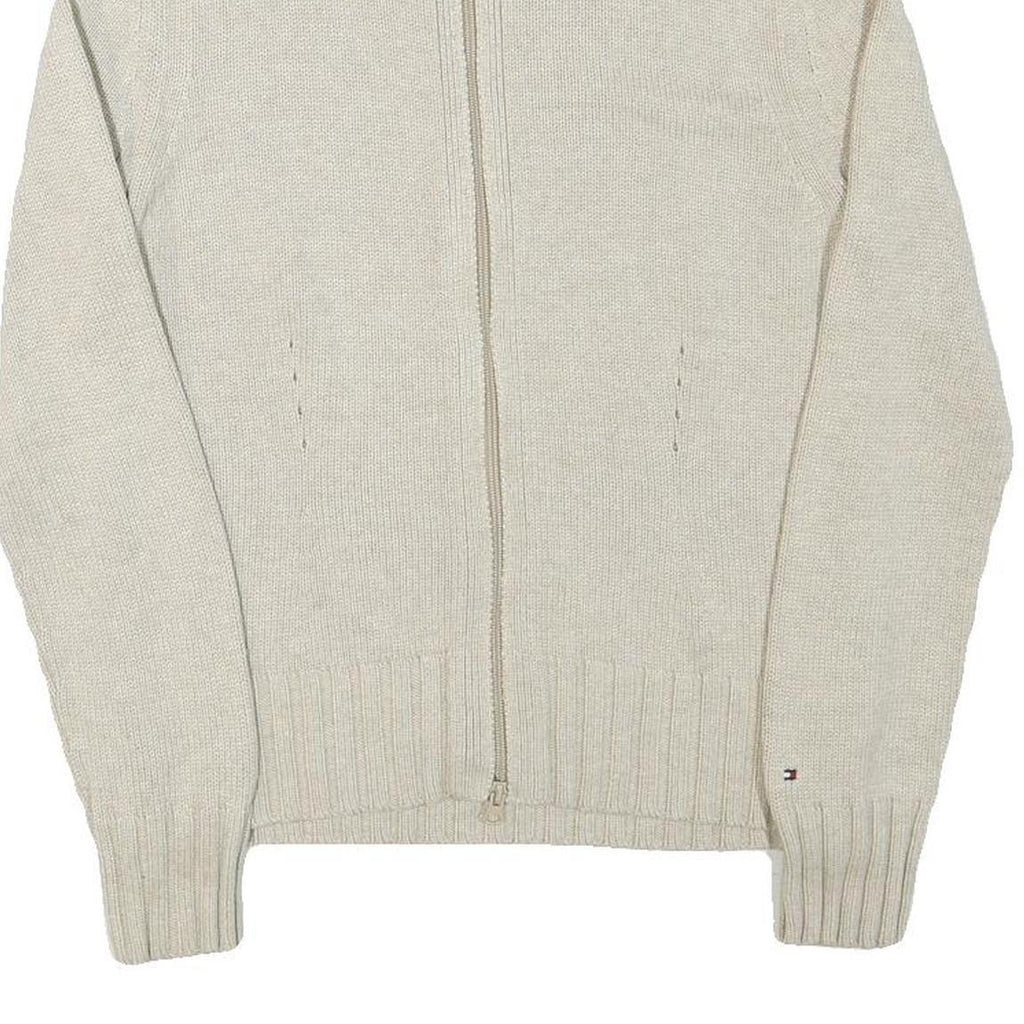 TOMMY HILFIGER Womens Cream Plain Cotton Blend Pullover Jumper L Zippered Rib