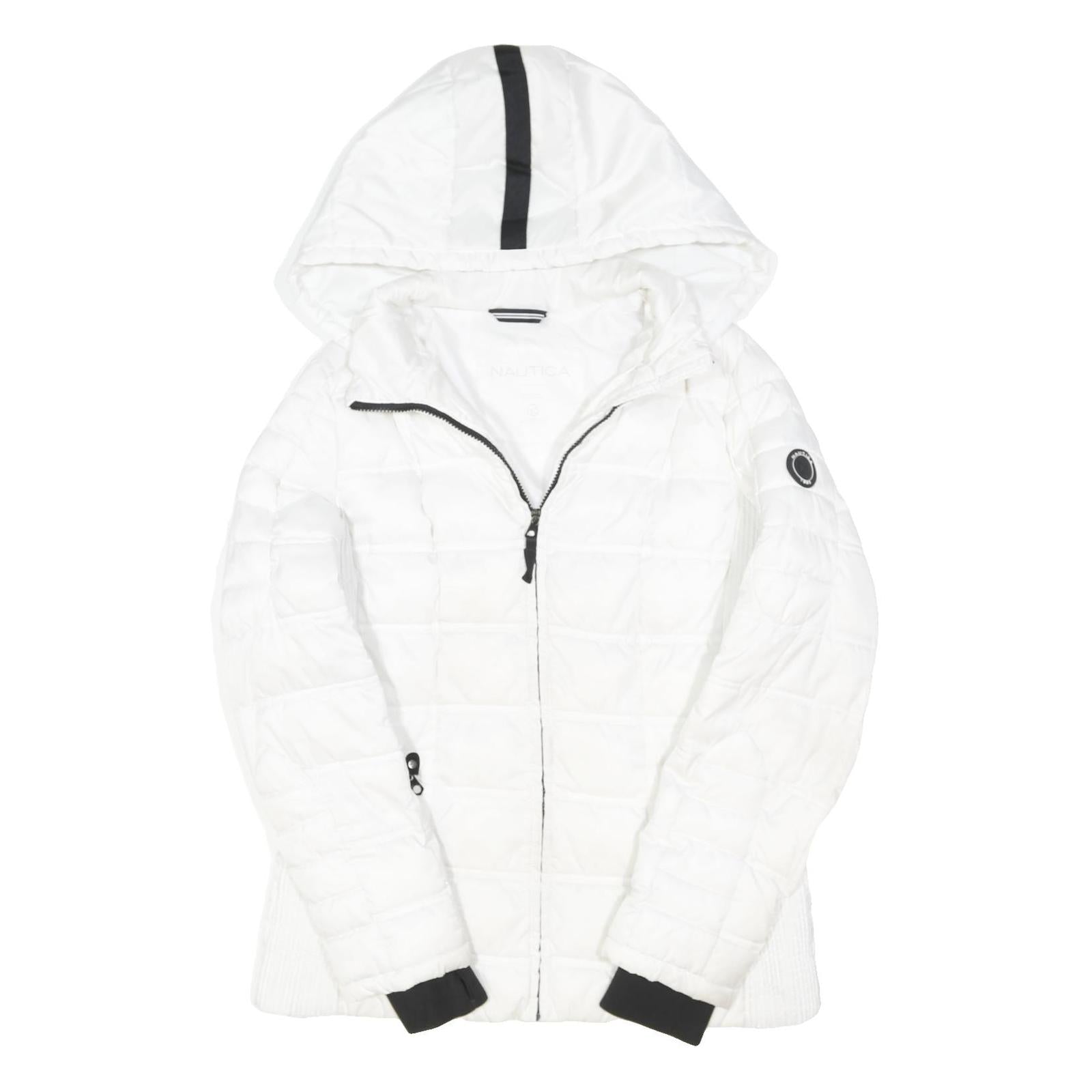 NAUTICA Womens White Hooded Quilted Jacket L Polyester Blend Zip Clean Design