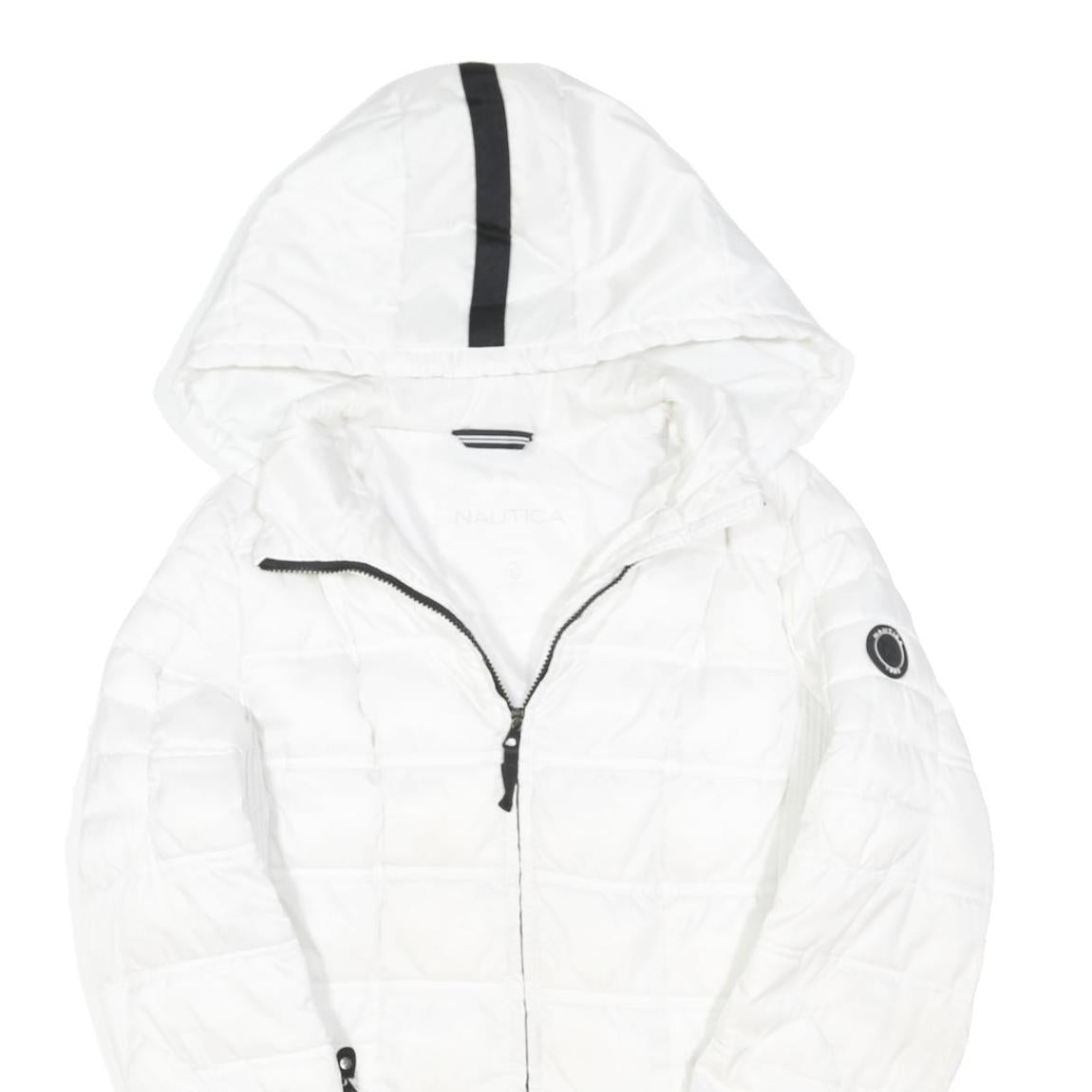 NAUTICA Womens White Hooded Quilted Jacket L Polyester Blend Zip Clean Design
