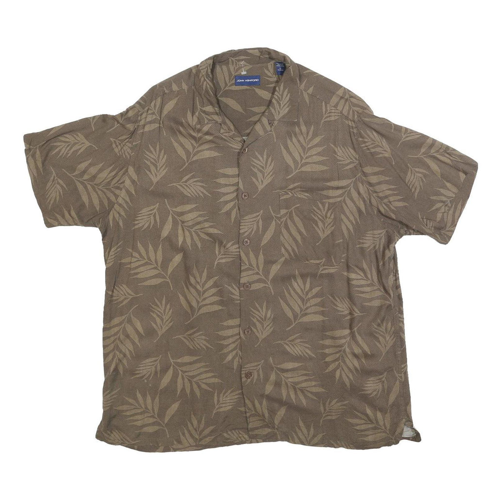 JOHN ASHFORD Mens Brown Leaf Pattern Rayon Shirt L Casual Summer Relaxed Fit