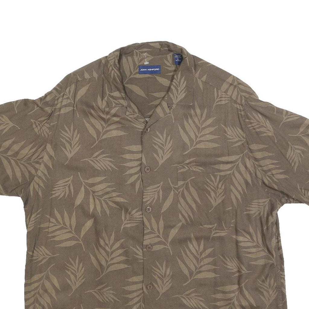 JOHN ASHFORD Mens Brown Leaf Pattern Rayon Shirt L Casual Summer Relaxed Fit