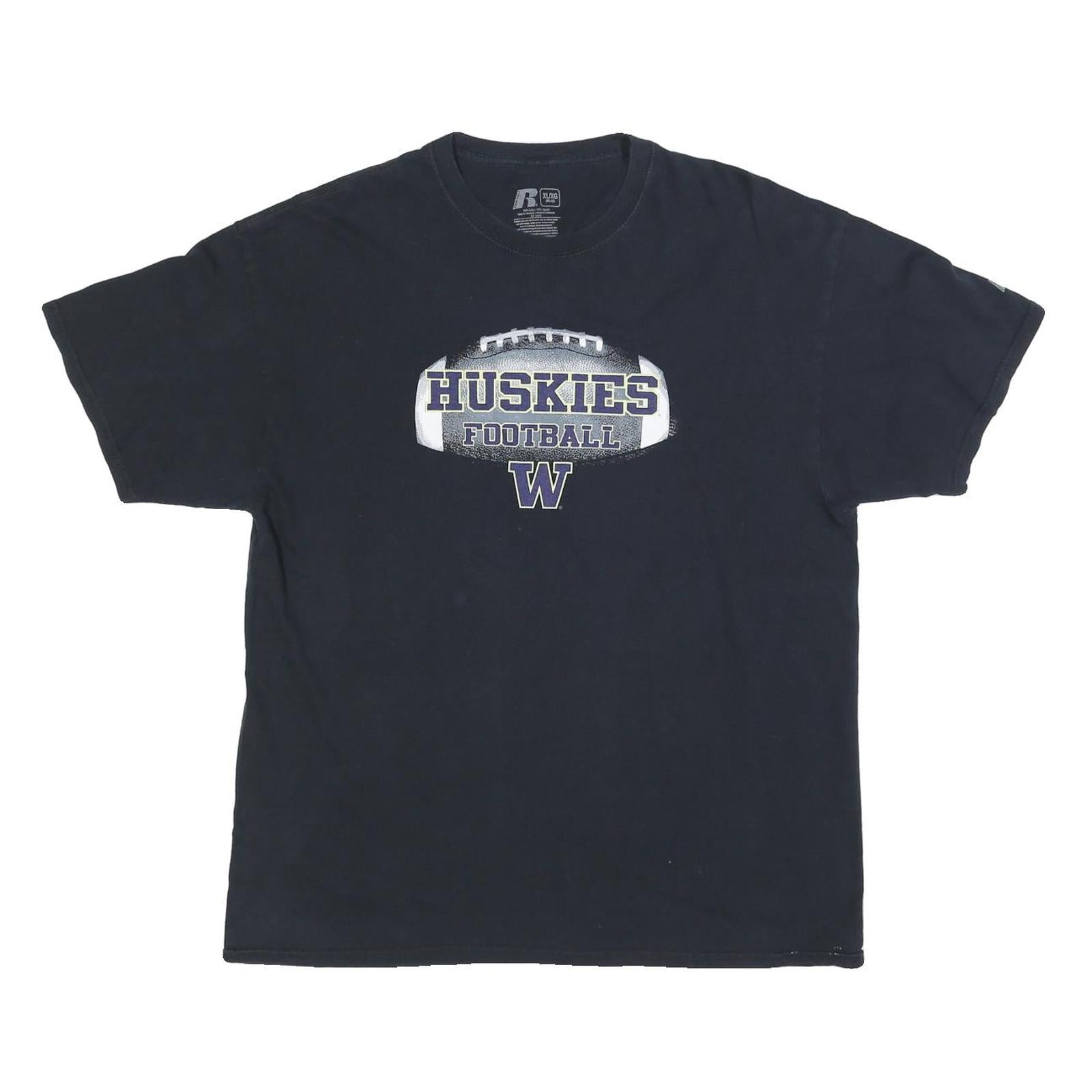 RUSSELL ATHLETIC Mens Black Huskies Football Graphic T-Shirt XL Crew Neck Short