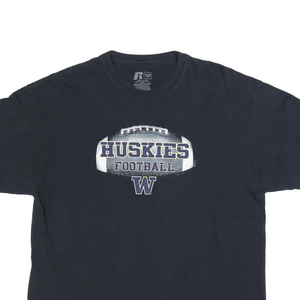 RUSSELL ATHLETIC Mens Black Huskies Football Graphic T-Shirt XL Crew Neck Short