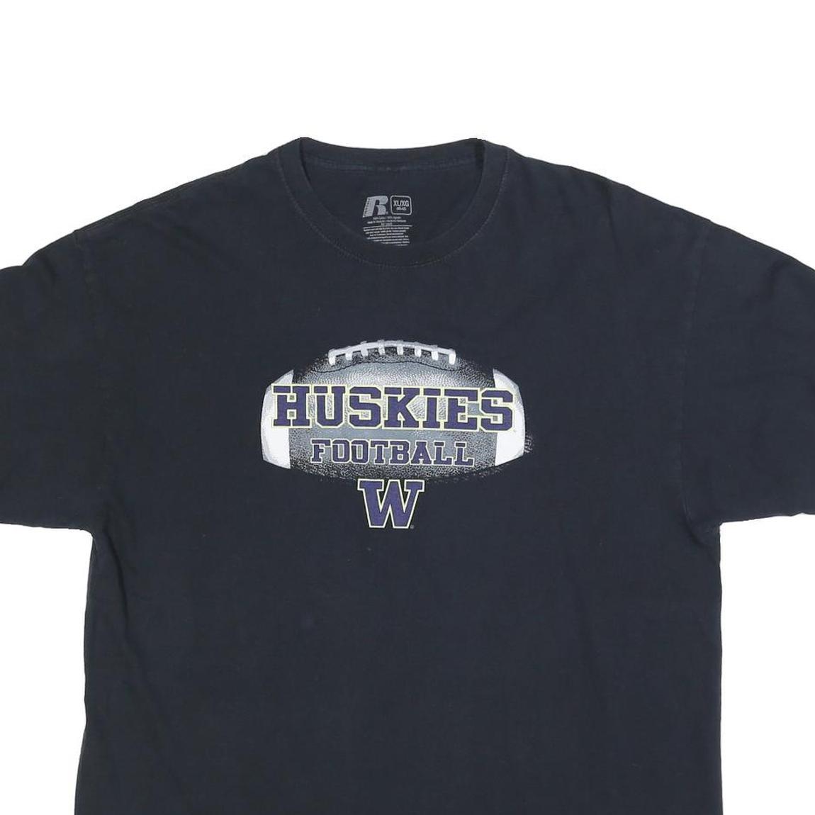 RUSSELL ATHLETIC Mens Black Huskies Football Graphic T-Shirt XL Crew Neck Short
