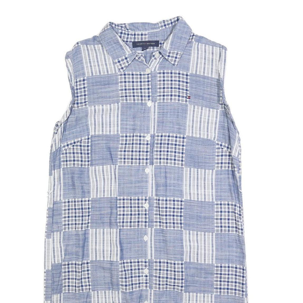 TOMMY HILFIGER Womens Blue & White Patchwork Sleeveless Shirt Dress Cotton Blend