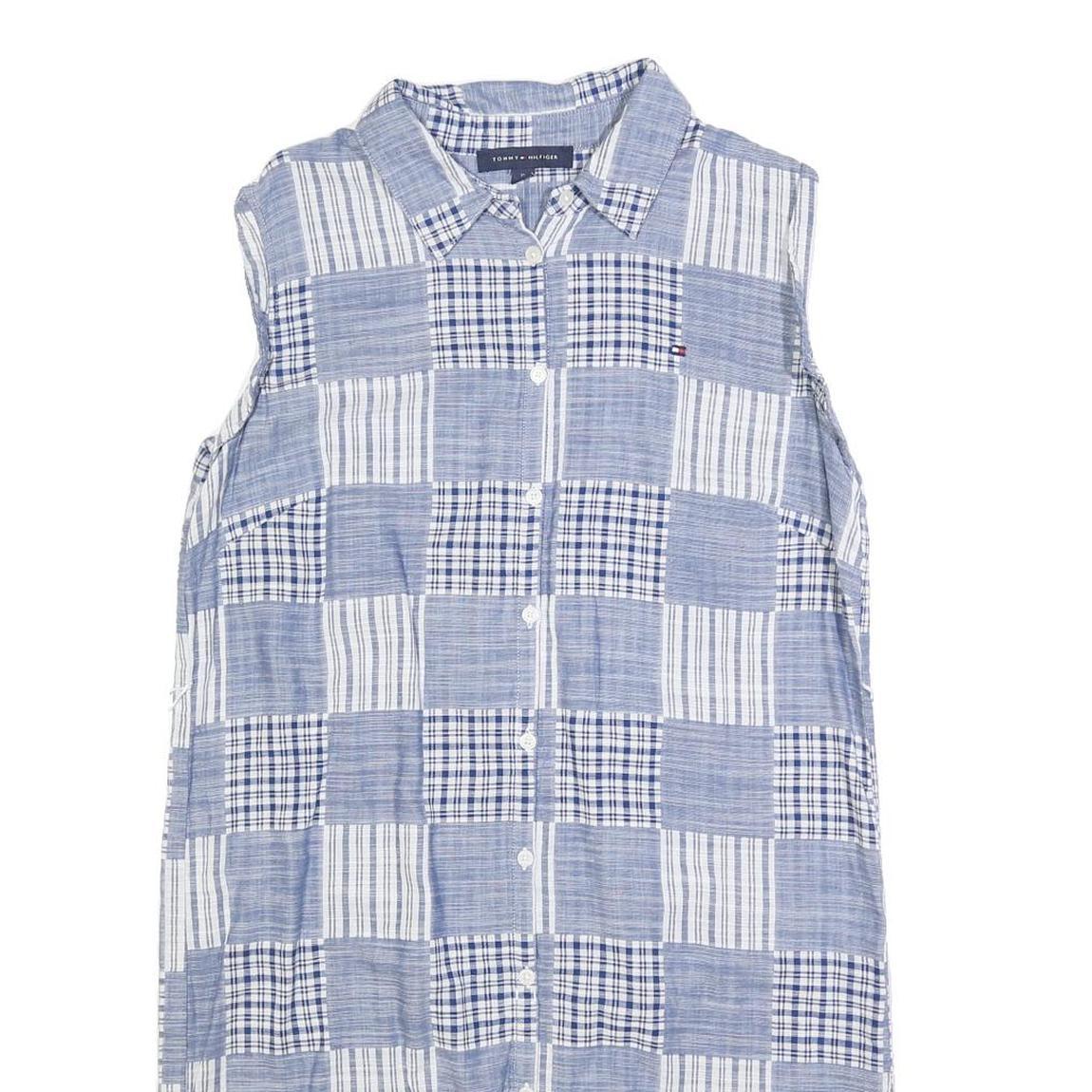 TOMMY HILFIGER Womens Blue & White Patchwork Sleeveless Shirt Dress Cotton Blend