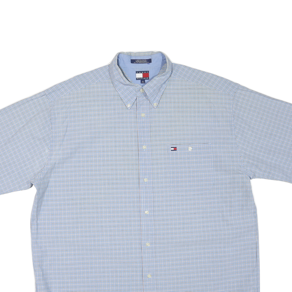 TOMMY HILFIGER Mens Blue Check Shirt XL Cotton Blend Button-Down Collar Short