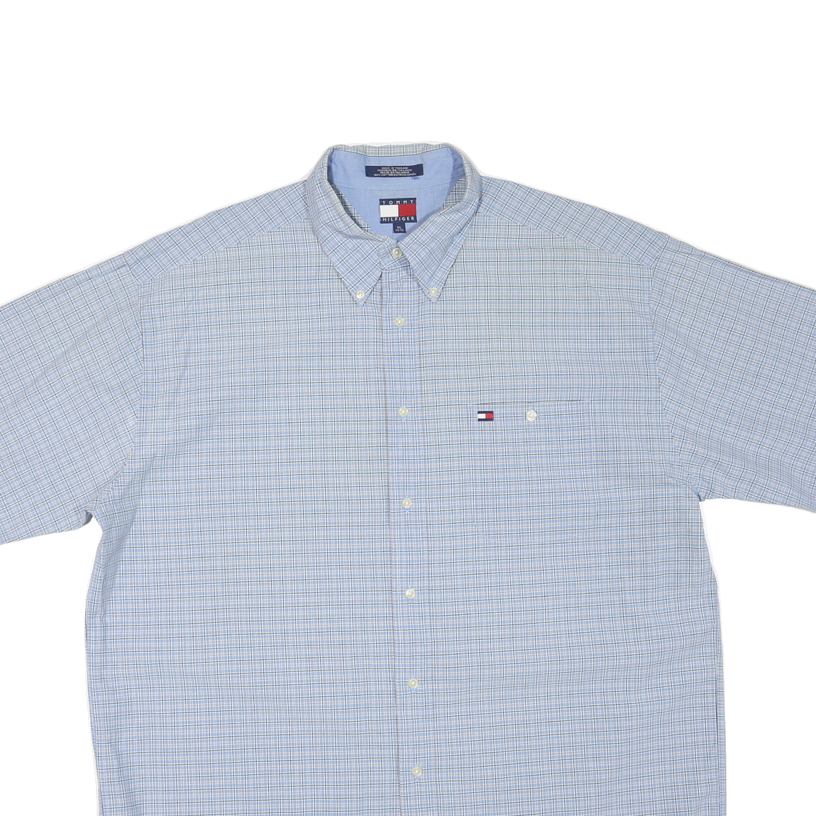 TOMMY HILFIGER Mens Blue Check Shirt XL Cotton Blend Button-Down Collar Short