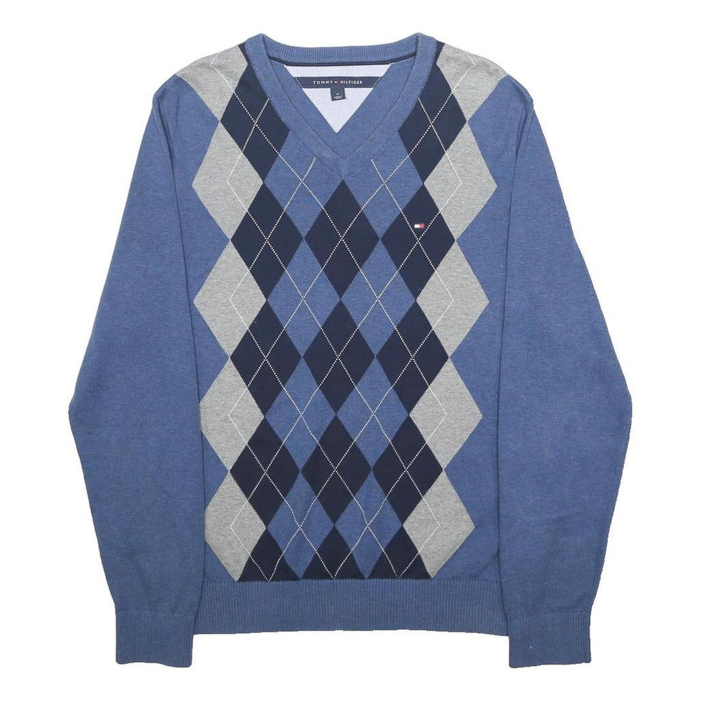 TOMMY HILFIGER Mens Blue Grey Navy Patterned V-Neck Jumper M Cotton Argyle