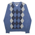 TOMMY HILFIGER Mens Blue Grey Navy Patterned V-Neck Jumper M Cotton Argyle