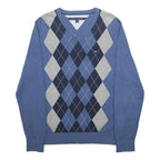 TOMMY HILFIGER Mens Blue Grey Navy Patterned V-Neck Jumper M Cotton Argyle