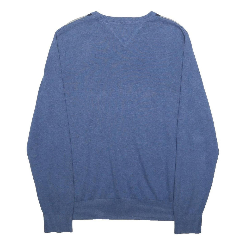 TOMMY HILFIGER Mens Blue Grey Navy Patterned V-Neck Jumper M Cotton Argyle