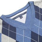 TOMMY HILFIGER Mens Blue Grey Navy Patterned V-Neck Jumper M Cotton Argyle