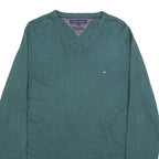 TOMMY HILFIGER Mens Green Cotton Blend Plain V-Neck Basic Knit Jumper S