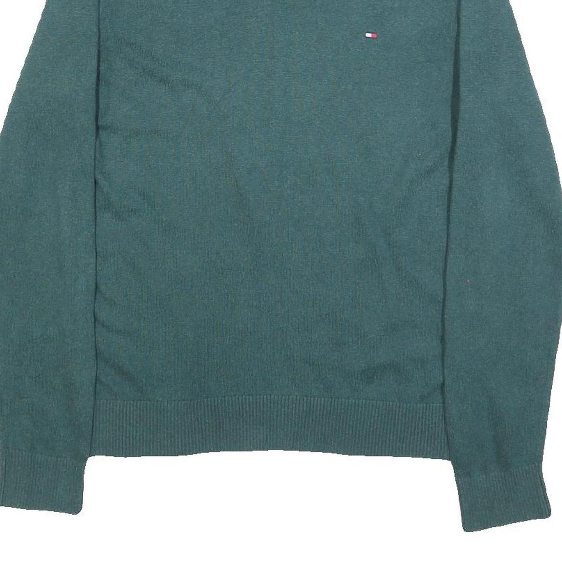 TOMMY HILFIGER Mens Green Cotton Blend Plain V-Neck Basic Knit Jumper S