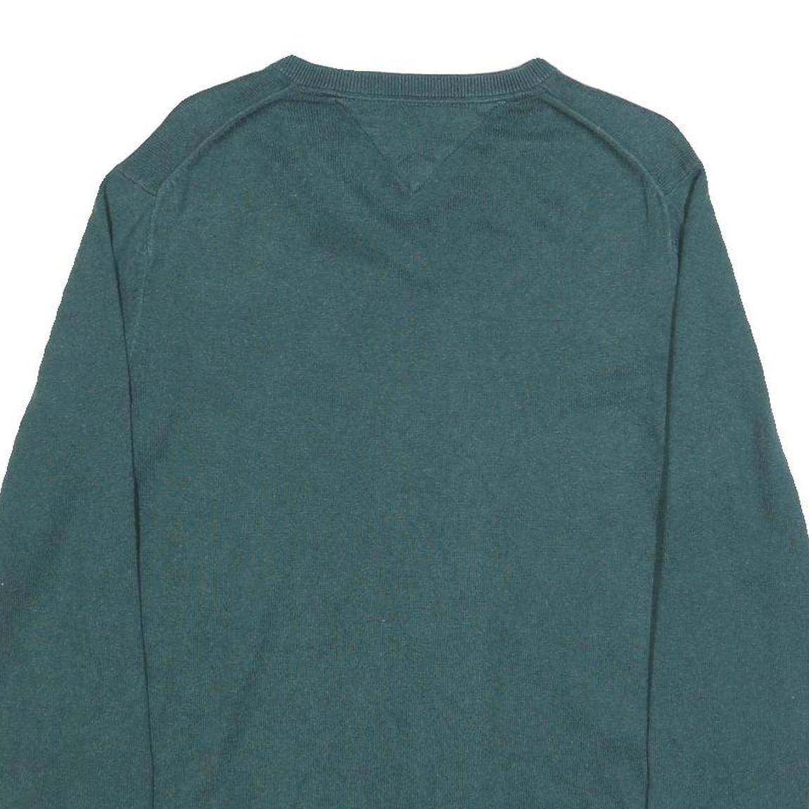 TOMMY HILFIGER Mens Green Cotton Blend Plain V-Neck Basic Knit Jumper S
