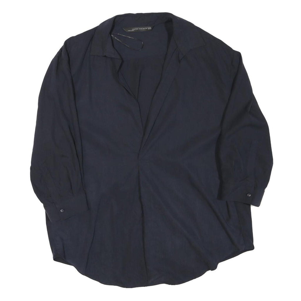 ZARA Womens Navy Basic Top Long Sleeve Collar Shirt M Lightweight