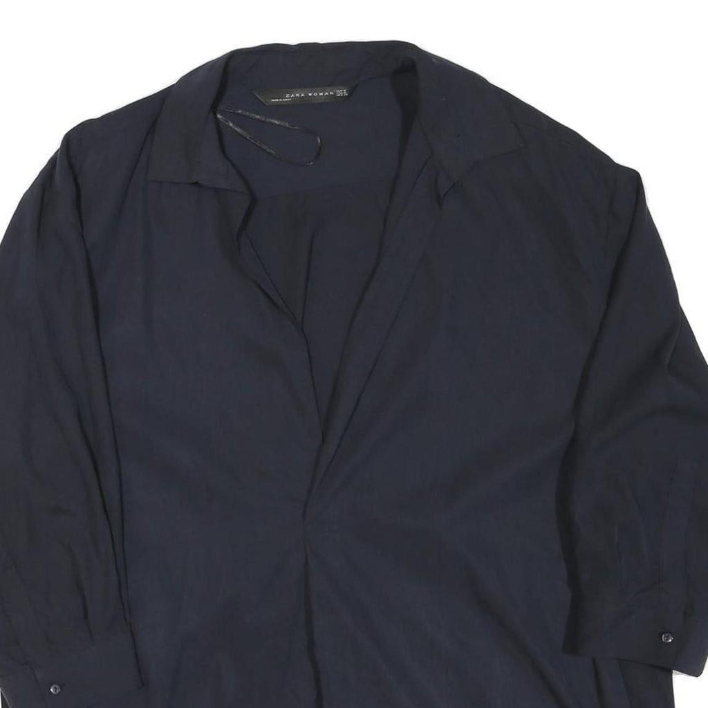 ZARA Womens Navy Basic Top Long Sleeve Collar Shirt M Lightweight