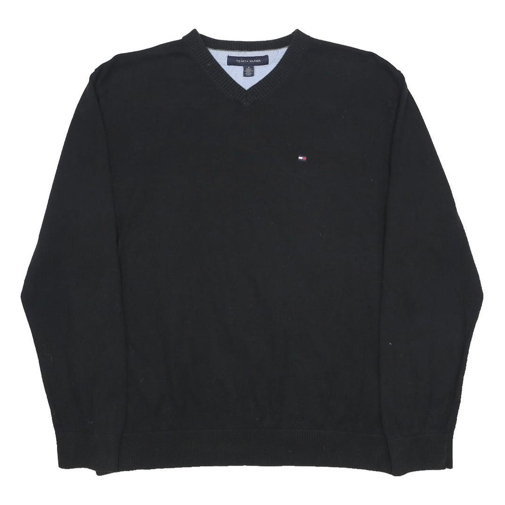 TOMMY HILFIGER Mens Black Plain V-Neck Basic Knit Jumper M Classic Cotton