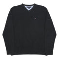 TOMMY HILFIGER Mens Black Plain V-Neck Basic Knit Jumper M Classic Cotton