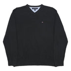 TOMMY HILFIGER Mens Black Plain V-Neck Basic Knit Jumper M Classic Cotton