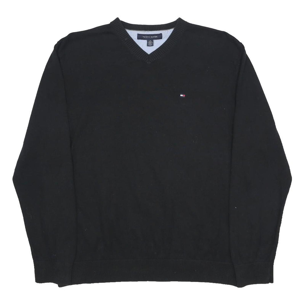 TOMMY HILFIGER Mens Black Plain V-Neck Basic Knit Jumper M Classic Cotton