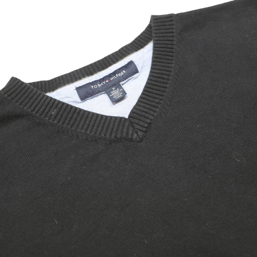 TOMMY HILFIGER Mens Black Plain V-Neck Basic Knit Jumper M Classic Cotton