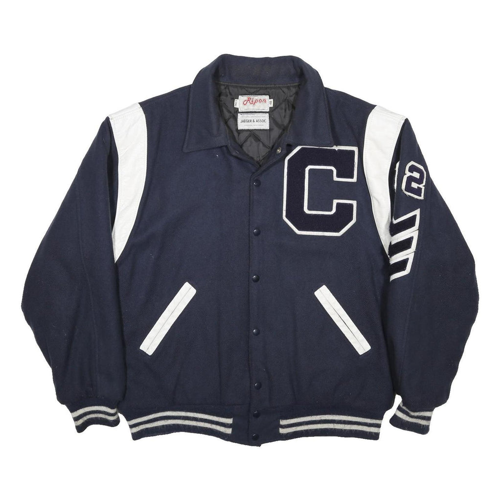 RIPON Mens Navy & White Wool Blend Varsity Jacket L Button Closure Wool Blend