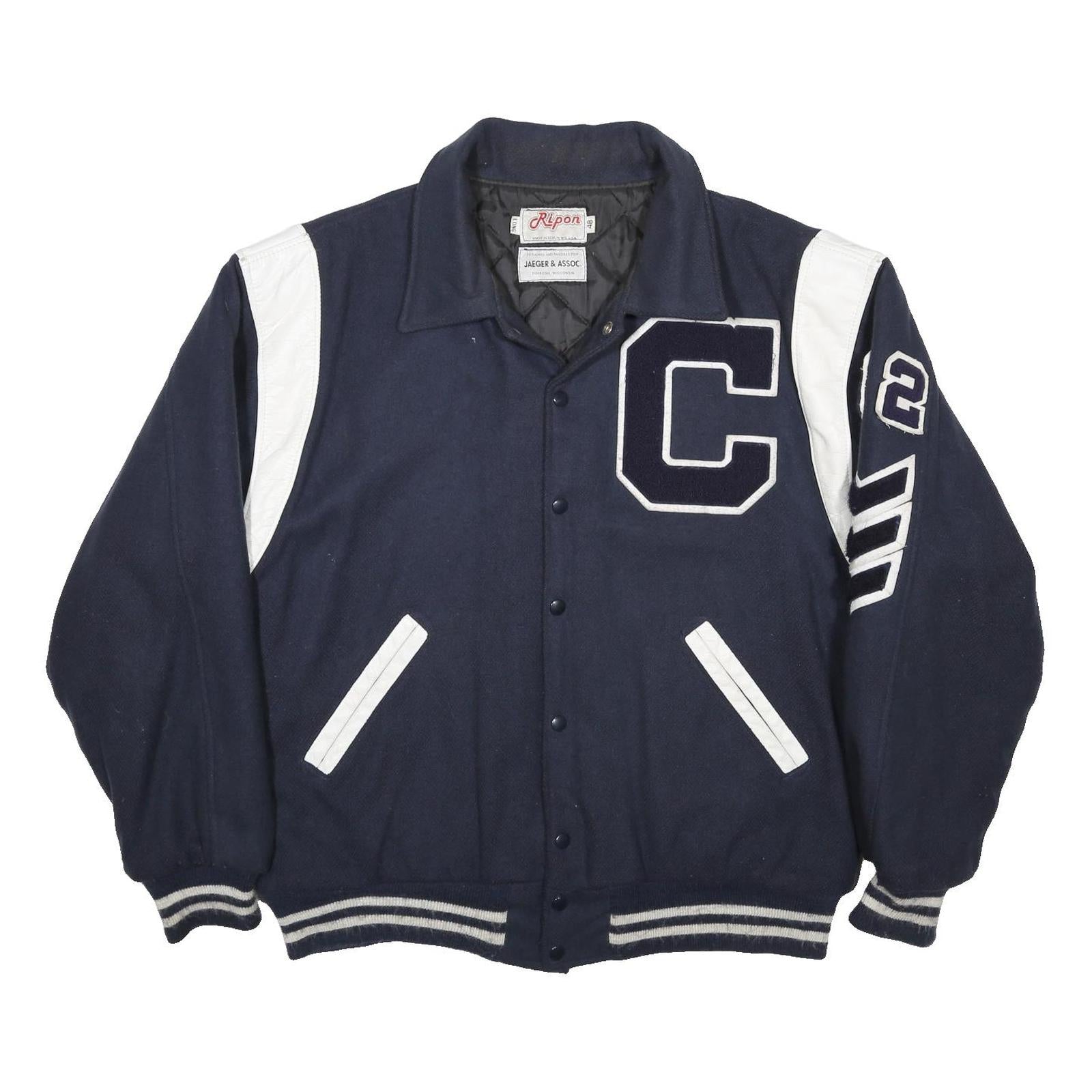 RIPON Mens Navy & White Wool Blend Varsity Jacket L Button Closure Wool Blend
