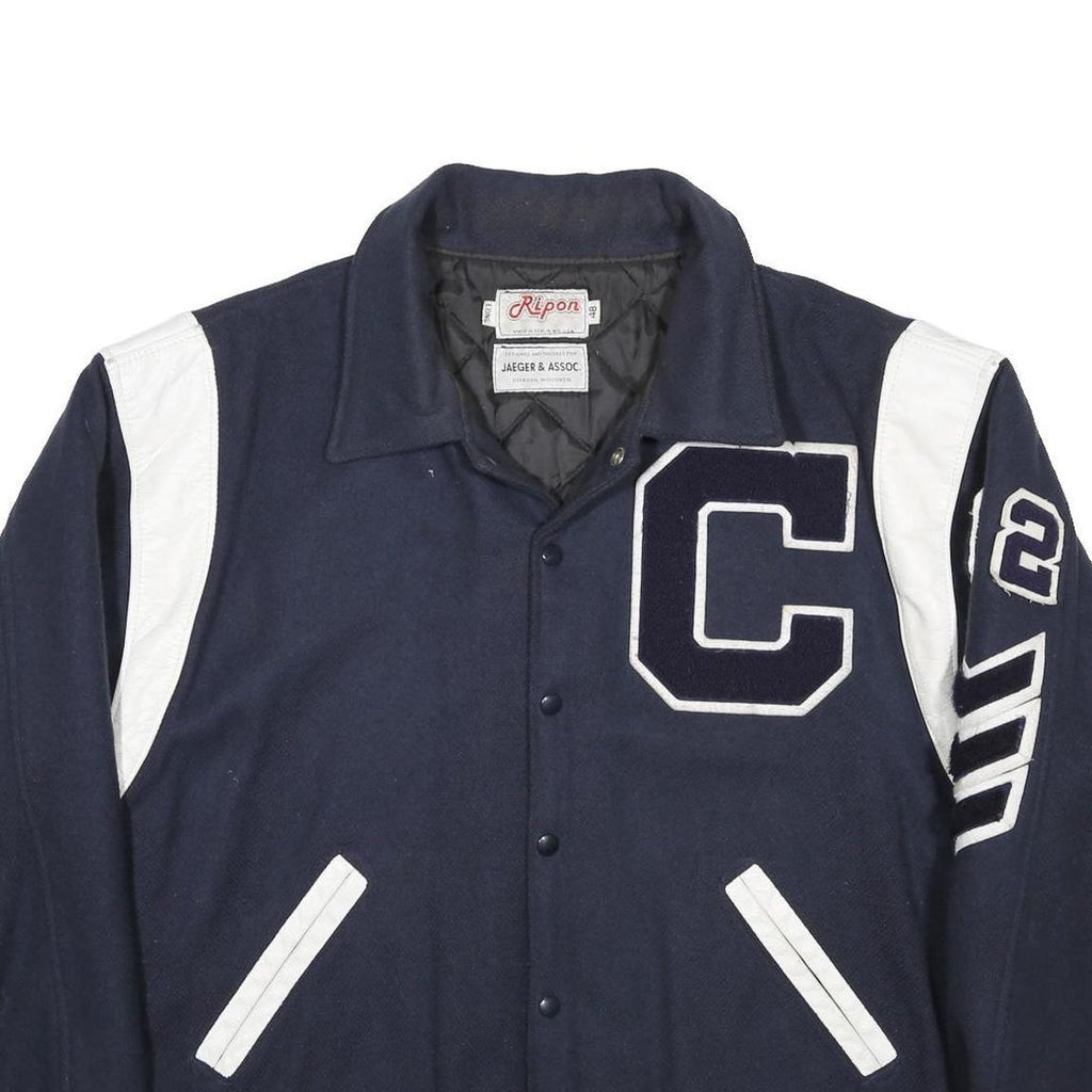 RIPON Mens Navy & White Wool Blend Varsity Jacket L Button Closure Wool Blend