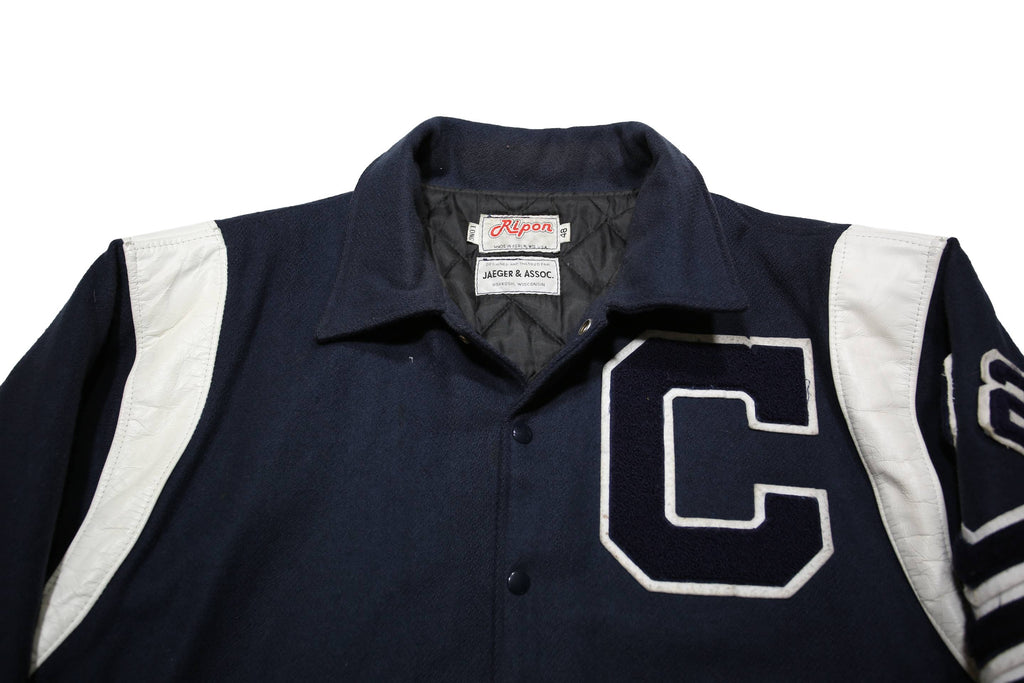 RIPON Mens Navy & White Wool Blend Varsity Jacket L Button Closure Wool Blend