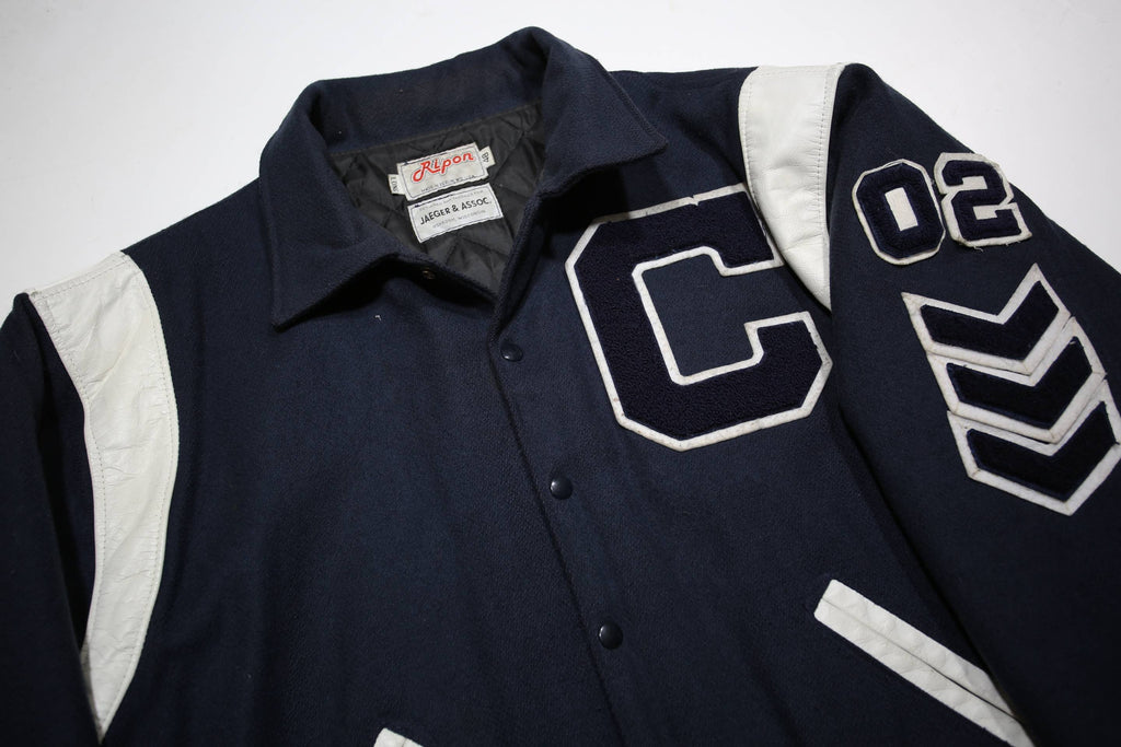 RIPON Mens Navy & White Wool Blend Varsity Jacket L Button Closure Wool Blend