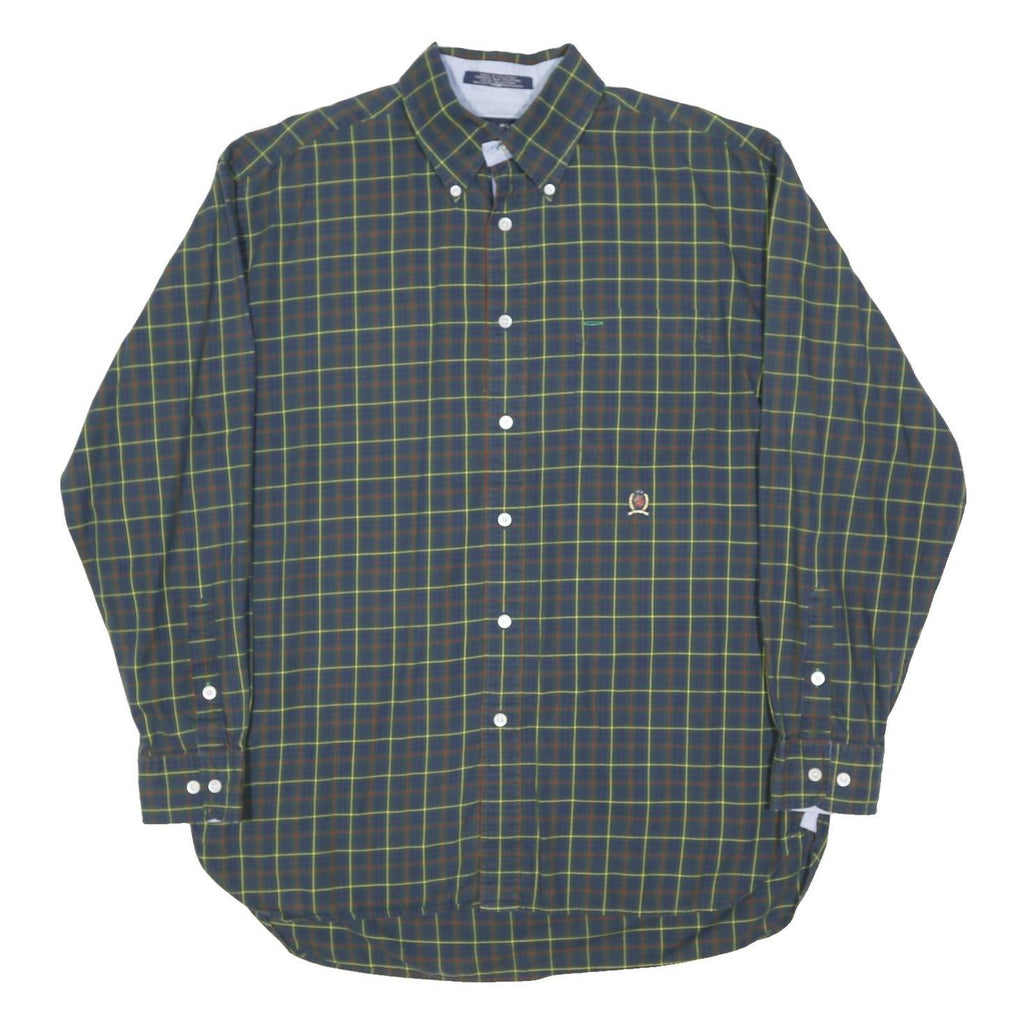 TOMMY HILFIGER Mens Blue Green Check Shirt L Classic Button Down Cotton Blend