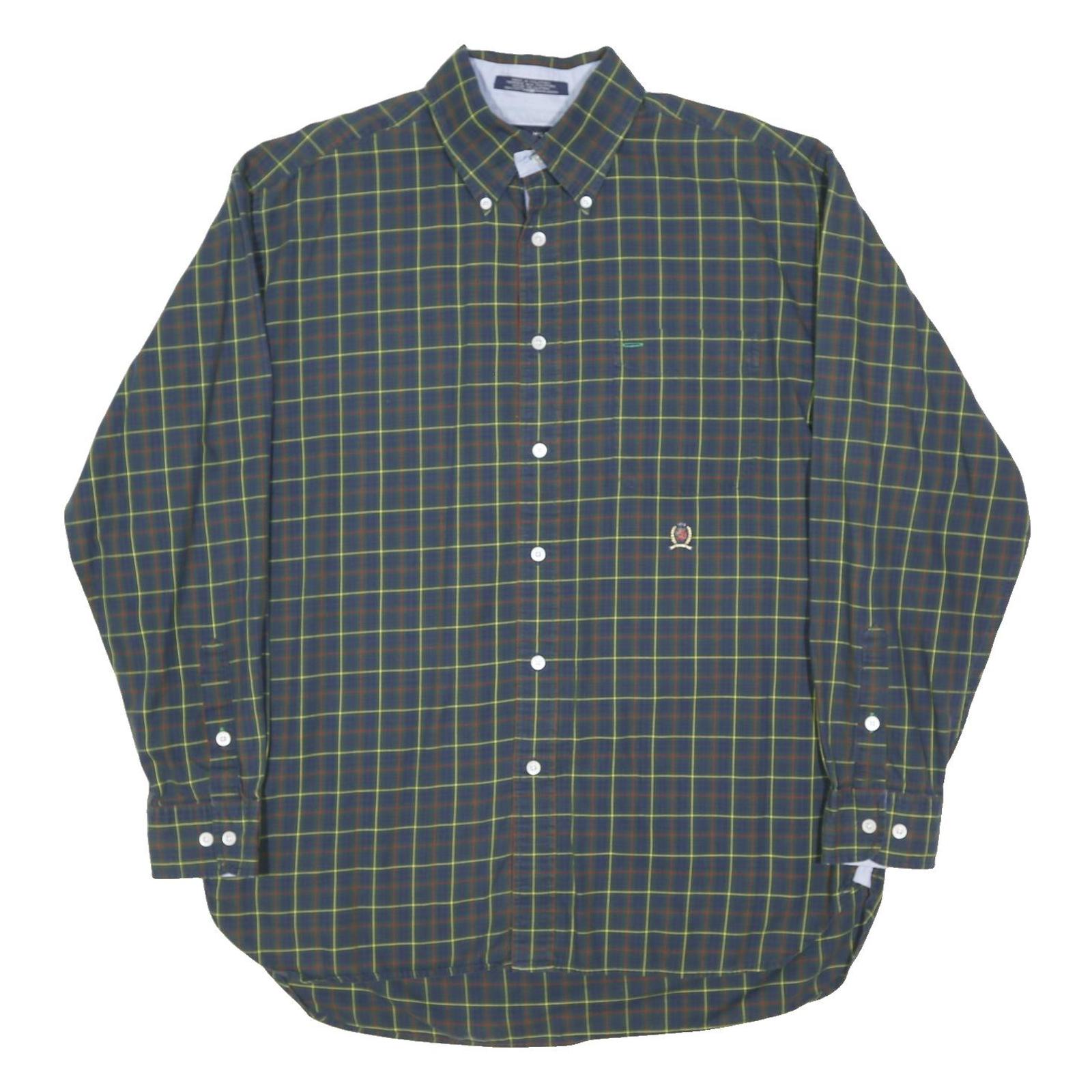 TOMMY HILFIGER Mens Blue Green Check Shirt L Classic Button Down Cotton Blend
