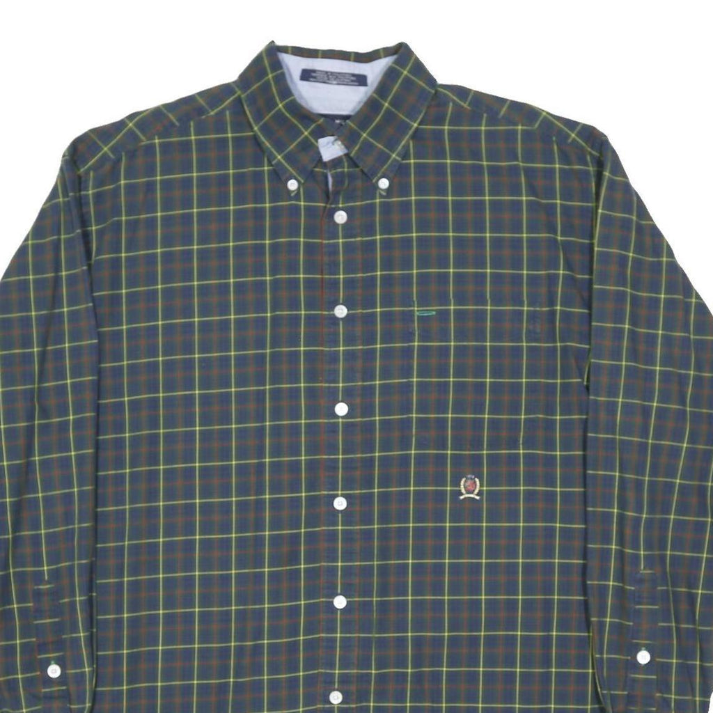 TOMMY HILFIGER Mens Blue Green Check Shirt L Classic Button Down Cotton Blend