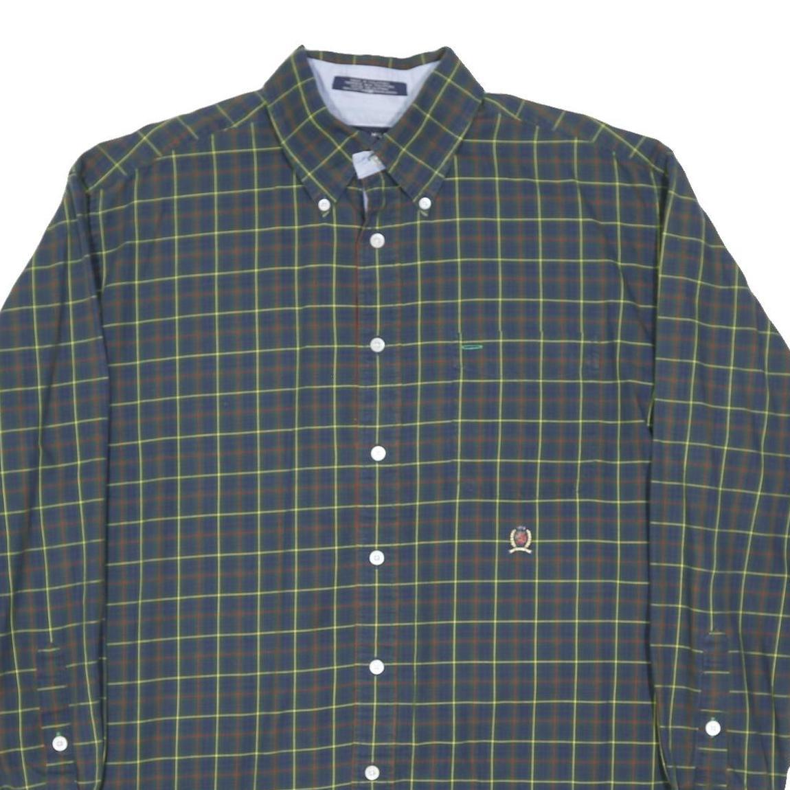 TOMMY HILFIGER Mens Blue Green Check Shirt L Classic Button Down Cotton Blend