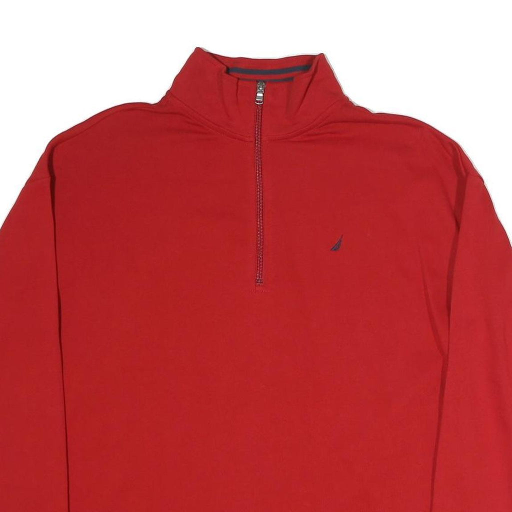 NAUTICA Mens Red 1/4 Zip Sweatshirt L Striped Cuff Pullover Casual