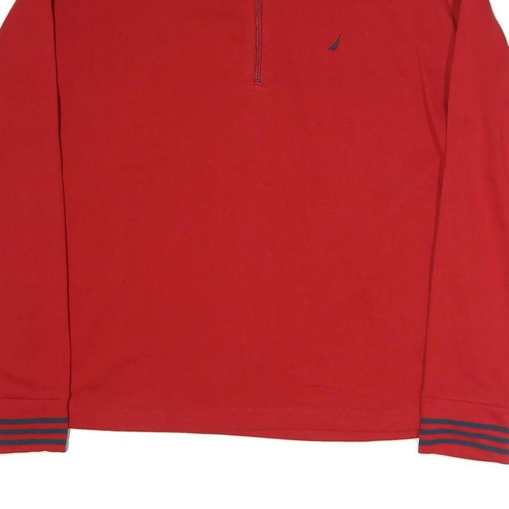 NAUTICA Mens Red 1/4 Zip Sweatshirt L Striped Cuff Pullover Casual