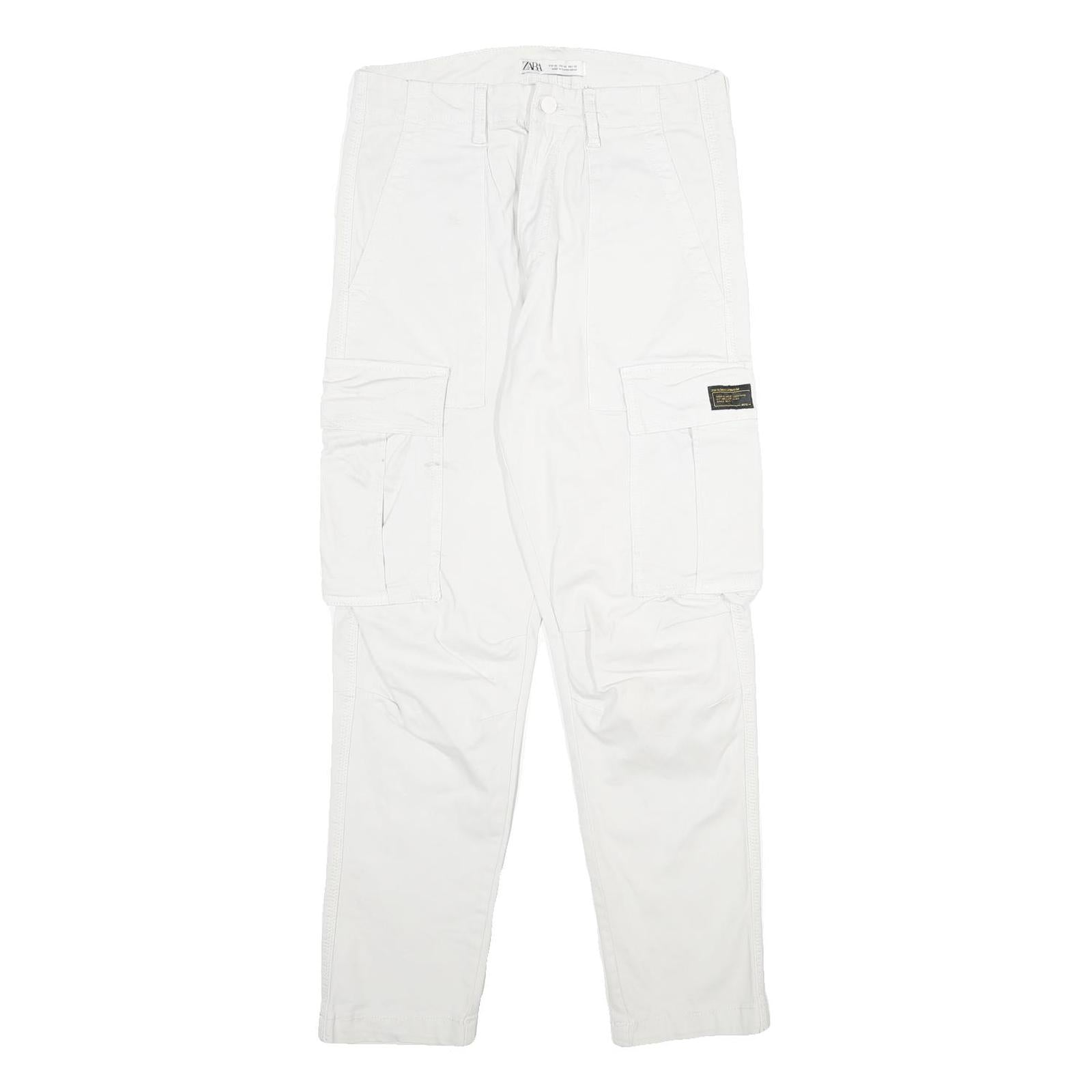 ZARA Mens White Cotton Blend Regular Cargo Trousers W30 L30 Utility Pocket Zip
