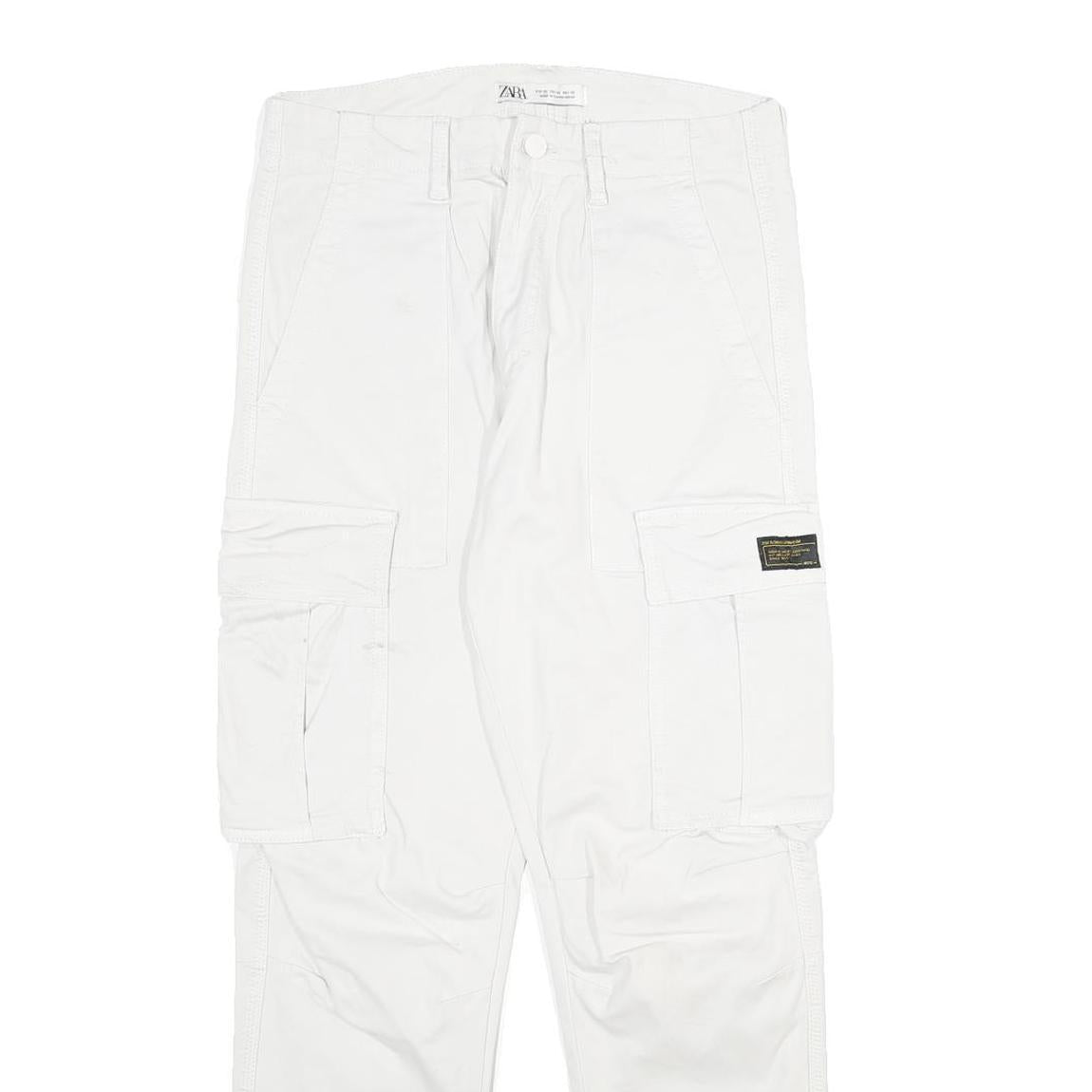 ZARA Mens White Cotton Blend Regular Cargo Trousers W30 L30 Utility Pocket Zip