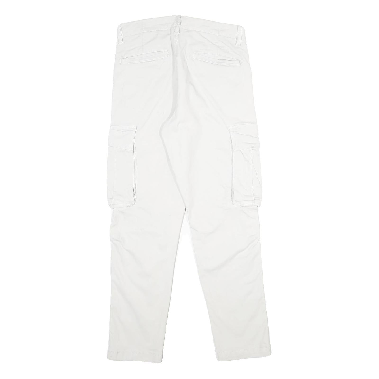 ZARA Mens White Cotton Blend Regular Cargo Trousers W30 L30 Utility Pocket Zip
