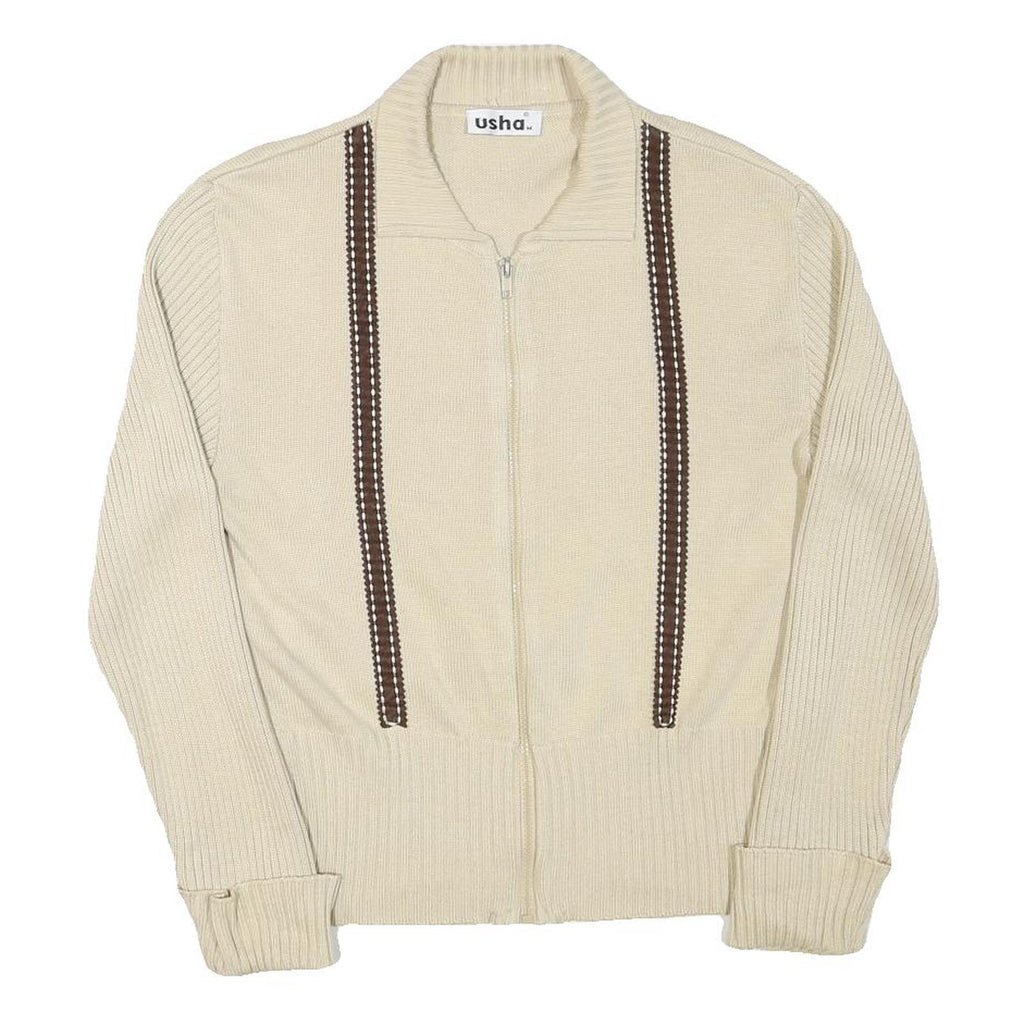 USHA Mens Cream & Brown Patterned Zip-Up Jumper Full Zip Plain Crew Neck M
