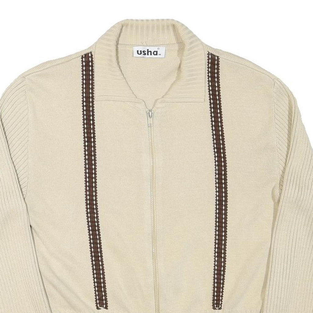 USHA Mens Cream & Brown Patterned Zip-Up Jumper Full Zip Plain Crew Neck M