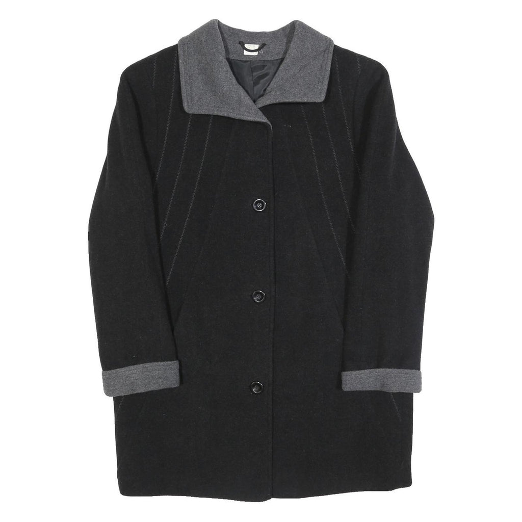 Womens Black & Grey Button Wool Blend Jacket UK 12 Classic Long Sleeve Plain