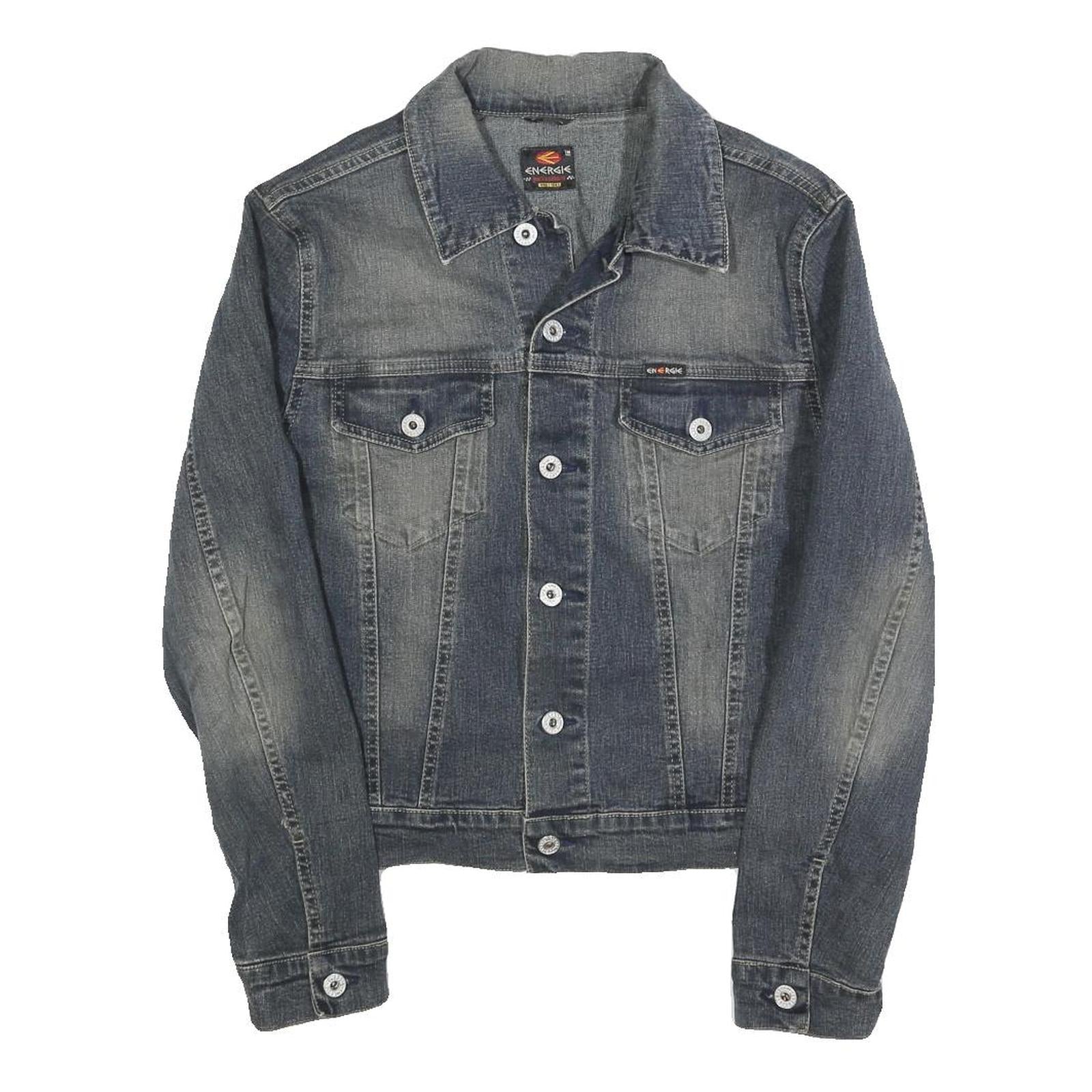 ENERGIE Mens Blue Denim Jacket S Cotton Blend Button Plain Classic Fit