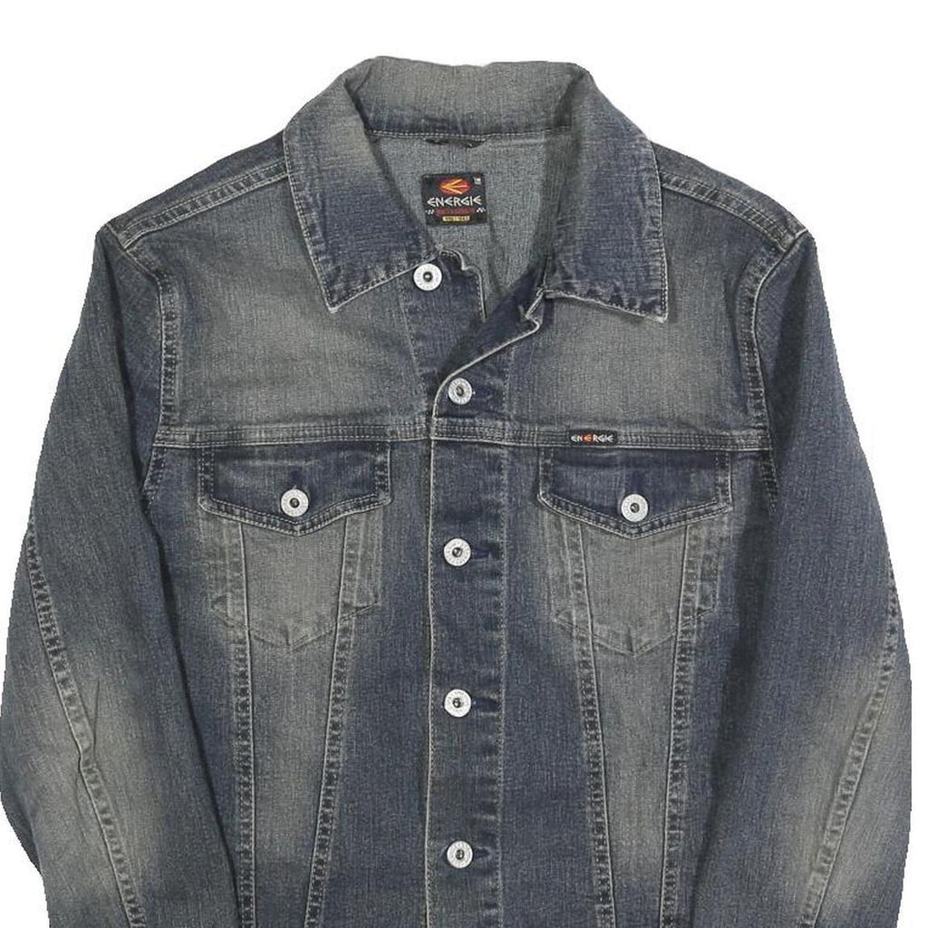 ENERGIE Mens Blue Denim Jacket S Cotton Blend Button Plain Classic Fit