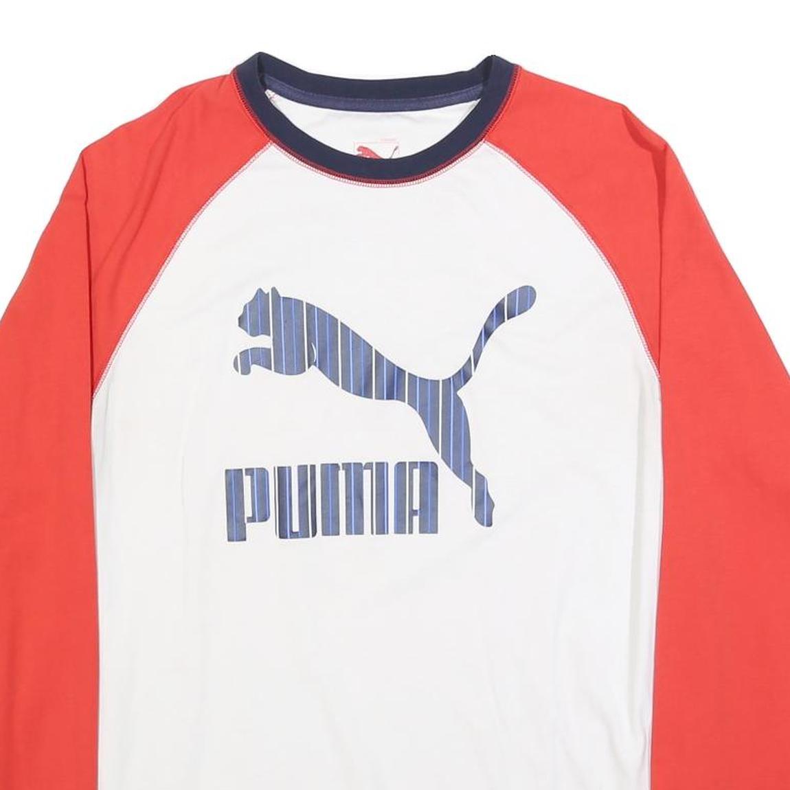 PUMA Mens White & Red Graphic T-Shirt L Long Sleeve Crew Neck Cotton Blend